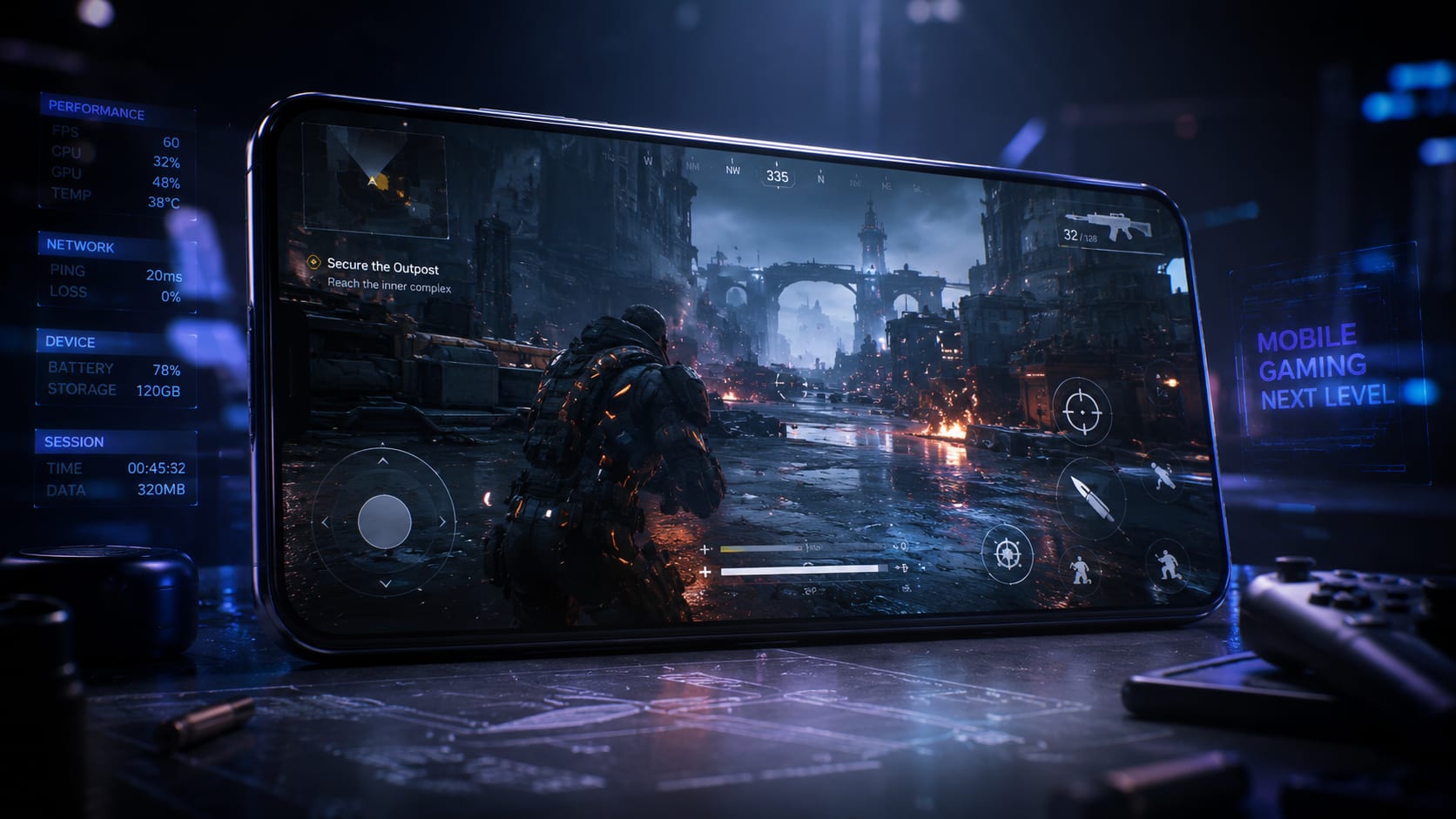 Mobile game development — premium handset rendering a tactical action scene.