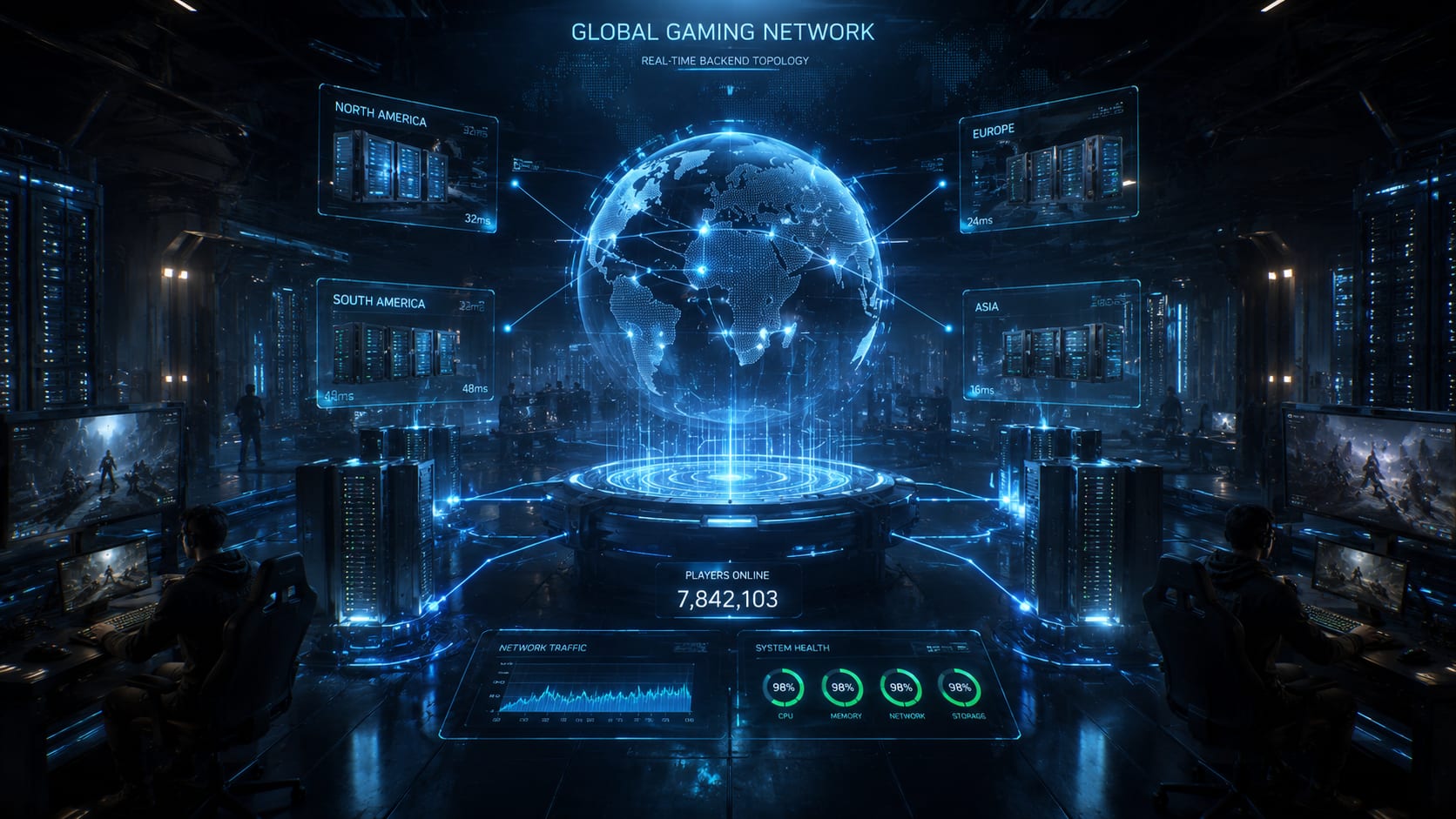 Multiplayer systems — real-time global backend topology with regional server clusters.