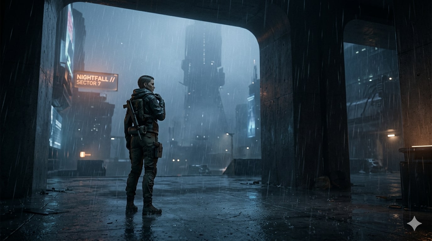 Mood art showing a rainy futuristic sector.