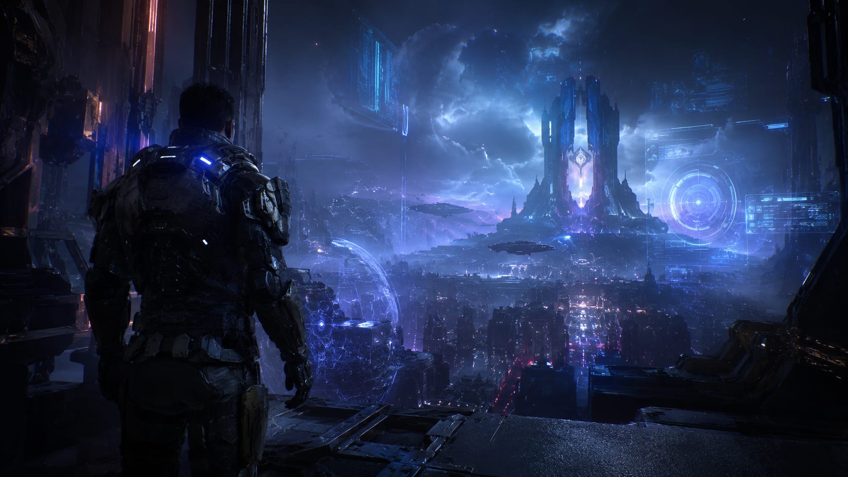 Cinematic in-engine vignette — a lone figure overlooking a vast futuristic city at dusk.